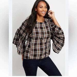 Maurices, Size XS Plaid Kimono Sleeve Blouse, Black Brown White, Gently Used